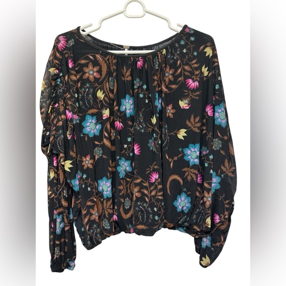 Free People Tops - FREE PEOPLE Black Wildflower Honey Floral Stretch Mesh Blouson Ruffle Top